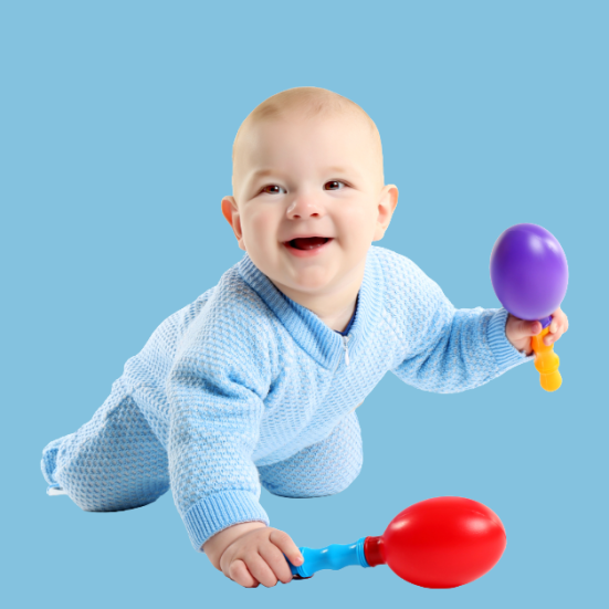 Smilende baby med rasleinstrumenter i hænderne