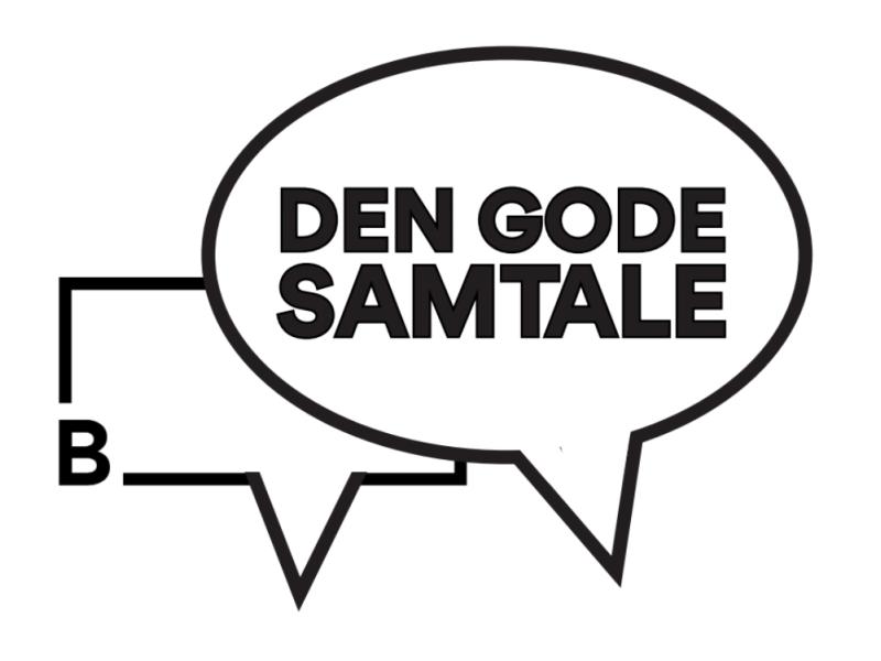 Logo "Den gode samtale" - To talebobler; den ene Brønderslev Biblioteks logo, den anden rund med teksten: Den gode samtale.