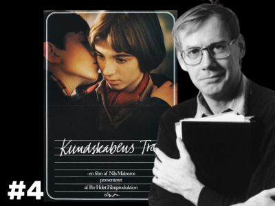 S/H-billede af Nils Malmros, der holder et manuskript. I baggrunden ses plakaten for "Kundskabens træ". Nederst tallet #4.