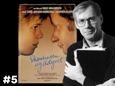 S/H-billede af instruktøren Nils Malmros, der holder et manuskript. Bag ham ses plakaten til filmen "Skønheden & Udyret" og nummeret #5