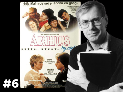 S/H-portræt af Nils Malmros, der sidder med et manuskript. Bag ham ses plakaten til filmen "Århus by night"