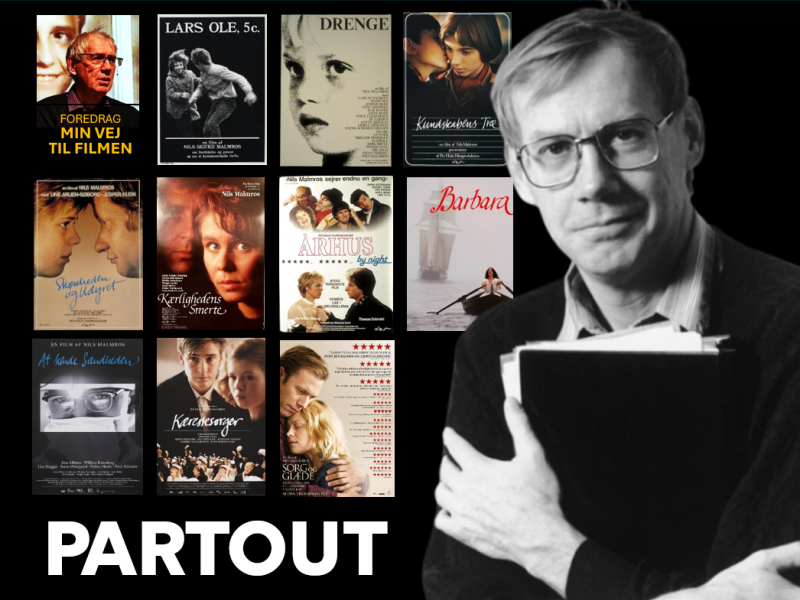 Collage. Nils Malmros med et filmmanuskript. Bag ham plakater til alle hans film.