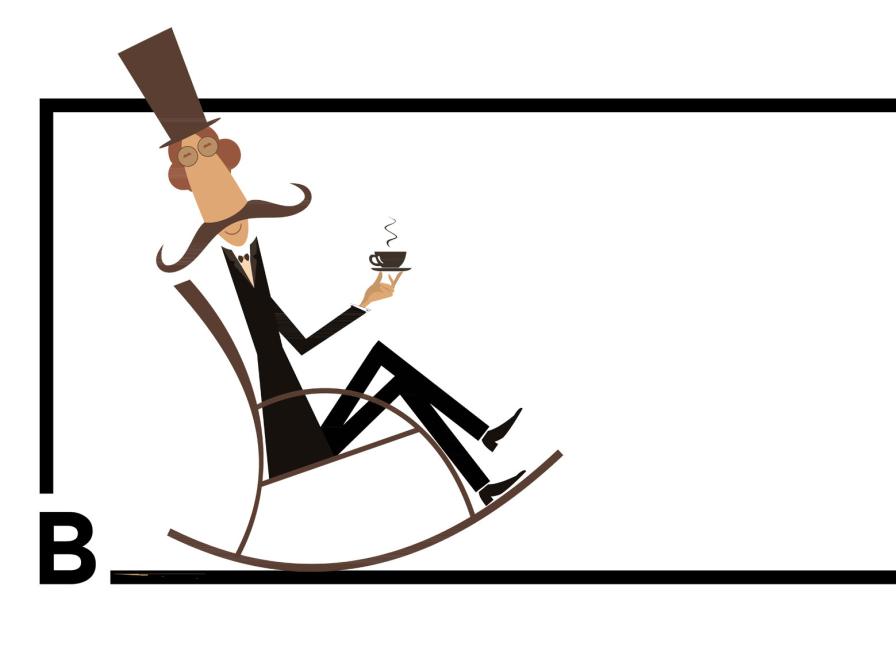 Mand sidder i gyngestol med en kop kaffe