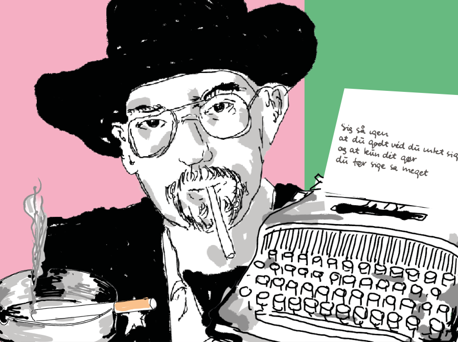 Stregtegning af Dan Turell med sort hat og cigaret. Foran ham står et askebæger og en skrivemaskine. Heri sidder et ark med et digt af Turell.