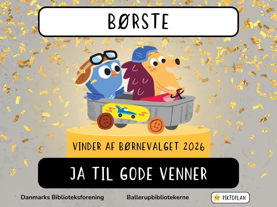 To animerede figurer - hvor den ene er Børste - sidder i en lille legetøjsbil med konfetti i baggrunden.